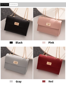 Color display showing black, pink, gray, and red crossbody bags with chain straps