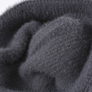 Deep grey fluffy knit beanie with warm feather yarn texture and soft fuzzy finish
