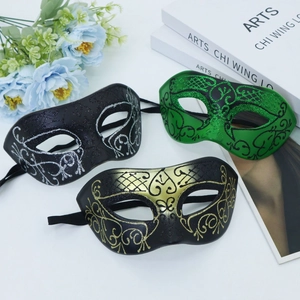 Three elegant glitter masquerade half masks in silver, gold, and green for Halloween parties