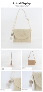 Dettaglio borsa a tracolla in paglia intrecciata beige con nappe e dettagli di ciondoli