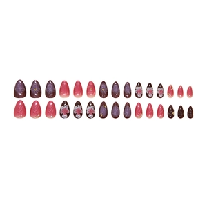 Elegant press-on nails set with purple cat-eye finish and 3D floral pearl accents