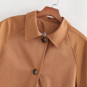 Women casual caramel brown long open coat with classic lapels and textured buttons