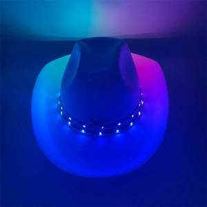 Top view of LED western cowboy hat with vibrant blue and purple neon light effects