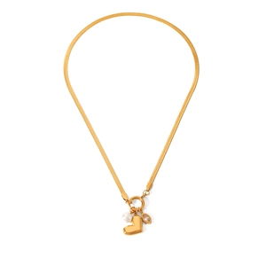 Detail of gold snake chain necklace featuring a metal heart, white pearl, and marquise pendant