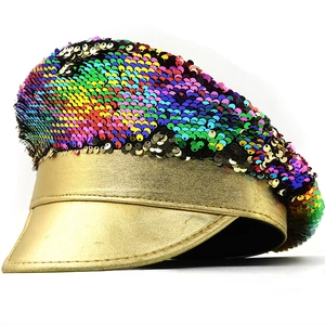 Rainbow Sequined Captain Hat With Gold Brim Military Style Festival Performance Party Headwear Fancy Dress For Women