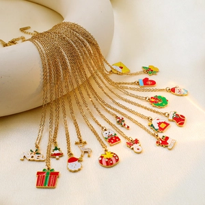 Christmas Pendant Necklace Stainless Steel Enamel Santa Claus Reindeer Snowman Holiday Jewelry For Women Gold Tone