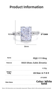 Detailed size specifications for S925 silver ring with 8x10mm radiant cut cubic zirconia