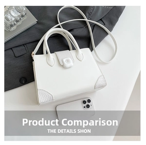 Detail of white tote with crocodile texture trim and smartphone for size comparison