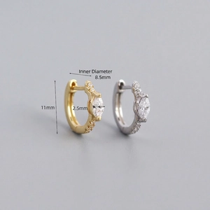 S925 silver hoop earrings with marquise cut zircon stones, 11mm height, silver and gold