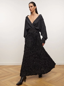 Elegant high waist black skirt with 3D petal texture and long sleeve deep V-neck blouse