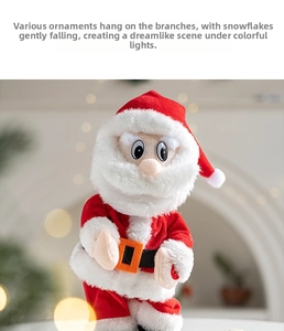 Detail of electric dancing Santa plush with red velvet suit and soft white fur trim