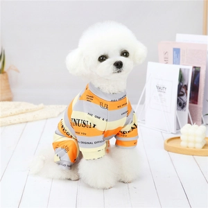 Detail of striped knitted cotton pet pajamas with printed lettering for small dogs
