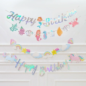Happy Birthday Banner Holographic Paper Garland For Birthday Party Decoration Unicorn Mermaid Theme For Kids Girls