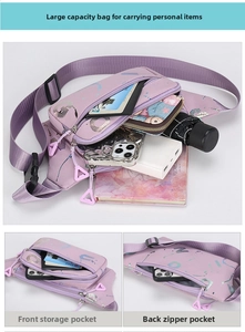 Detailed view of the purple waterproof waist bag showing multiple functional compartments