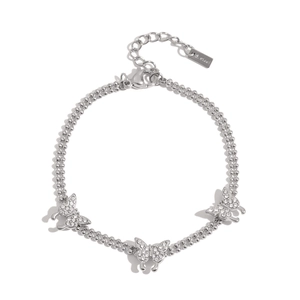 Close-up of a silver stainless steel double bead chain with sparkling butterfly charms