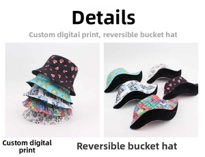 Detail showing reversible bucket hat with mushroom graffiti print and canvas texture