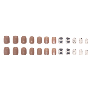 24pcs checkered and glitter press-on nails in brown, black, and white checkered patterns