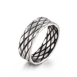 Vintage Rhombic Grid Wide Band Ring 316L Stainless Steel Retro Industrial Style In Gold Silver Black For Men Unisex