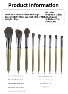 9-piece makeup brush set featuring soft fiber bristles and detailed size specifications