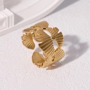 Elegant 18k gold ginkgo leaf stainless steel open ring with adjustable minimalist design