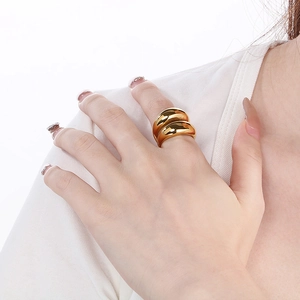 Macro detail of high-polish double-row gold dome ring with 18k gold plating finish
