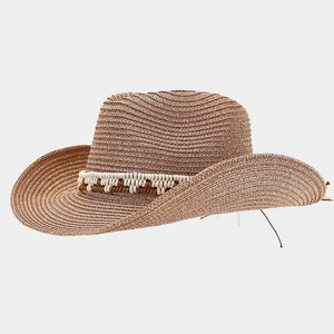 Tissage détaillé d'un chapeau de cowboy en paille marron avec une bande bicolore tressée