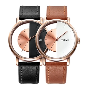 Fashionable unisex quartz watch with hollow design and rose gold case on leather straps