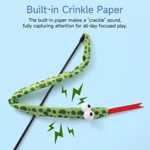 Interactive snake-shaped cat wand toy with crinkle paper and bell on blue background
