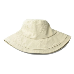 Close-up of beige canvas sun hat featuring wide brim and dense stitching details