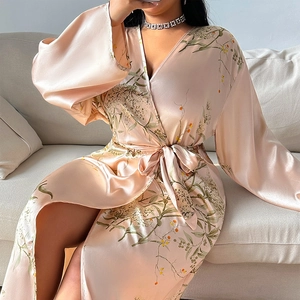 Floral satin kimono bathrobe for women with silk finish and elegant printed pattern