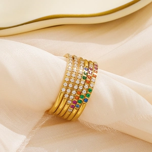 Five-piece gold stainless steel stacking ring set with colorful zircon gemstones