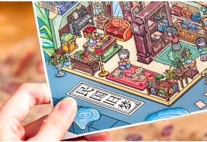 Close-up of a vintage retro 3D scenery sticker featuring a classic indoor piano scene