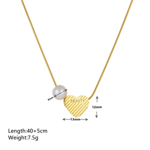 Golden titanium steel heart and pearl necklace with Beauty engraving and dimensions