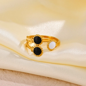 French vintage gold-plated stainless steel open ring with black and white drip oil discs