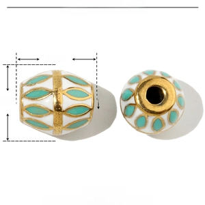Detail of 13mm stainless steel bead with green enamel leaf design and 3mm hole