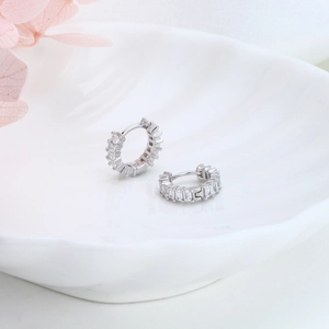 S925 sterling silver hoop earrings featuring baguette-cut sparkling cubic zirconia