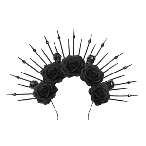 Gothic black rose headband with small skulls and radiant spikes for Halloween cosplay