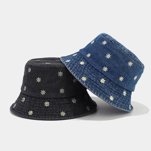 Cappello Pescatore In Denim Ricamato Con Margherite Cotone Lavato Vintage Protezione Solare Pieghevole Casual