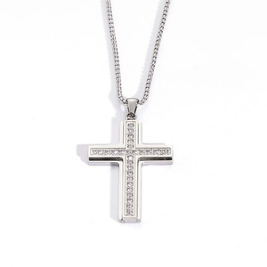Polished silver stainless steel cross necklace with inset rhinestones on white background