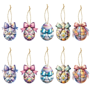 Set of 10 colorful Easter egg hanging ornaments with floral patterns and twine bows