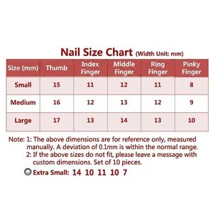 Detailed size chart for Japanese style embossed press-on nails in XS, S, M, L sizes