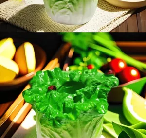 Detailed view of creative cabbage-shaped stand with ladybug and white-green gradient