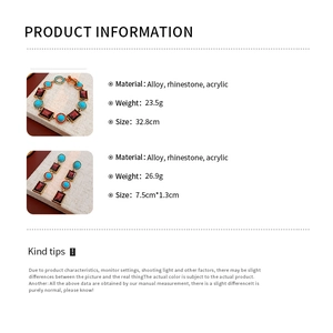 Detailed size and material information for vintage tassel earrings and rhinestone bracelet