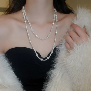 Vintage Long Faux Artificial Pearl Beaded Necklace For Women Double Layer Multilayer Elegant Retro Sweater Chain Accessory