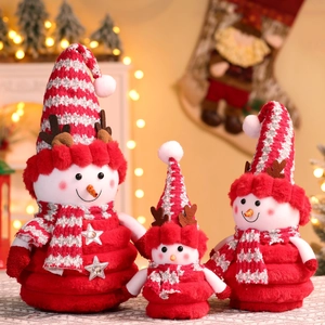 Three-piece Christmas snowman plush set in red and white with stars for festive decor