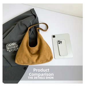 Caramel suede hobo bag size comparison with tablet and modern office accessories