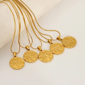 Zodiac Sign Necklace 18K Gold Plated Stainless Steel Snake Bone Chain Coin Pendant Embossed Relief Vintage Fashion Jewelry