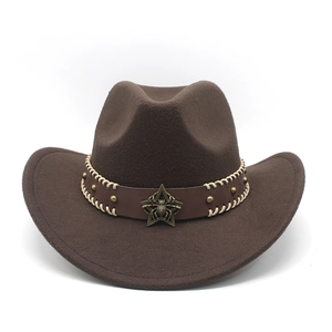 Detail of dark brown cowboy hat with leather band, silver star badge and spider relief