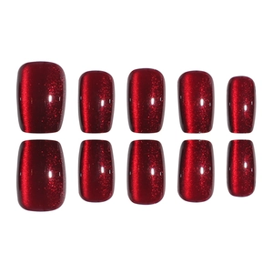30pcs wine red cat eye press on nails with glitter finish and shimmering square oval shape
