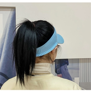 Detail of light blue knitted open-top sun hat showing texture and back ponytail fit